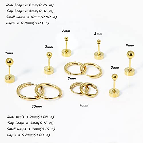 Dainty 6 Pairs Surgical Steel Earrings Sets for Multiple Piercing, Lightweight 14K Gold Plated Small Huggie Hoop Earrings, Flat Back Tiny Ball CZ Stud Earrings for Cartilage, Helix, Lobe, Hypoallergenic - style: 14K Gold Plated - Huggie Hoops and Ball Stu