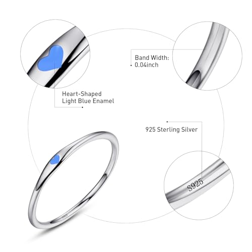 925 Sterling Silver Heart Ring for Women, 1mm Ultra Thin 14K Plated Gold Hypoallergenic Wedding Band with Black/Yellow/Red/Blue/Pink Love, Promise Stack Travel Jewelry Gifts Size 5-10 - color: F-Silver-Blue