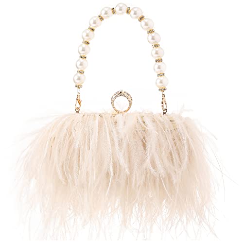 Women Real Natural Ostrich Feather Evening Bags Purses Clutch Vintage Banquet Handbag - color: A-champange