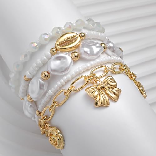 Shell Bracelet Seashell Boho Beaded Stretch Bracelets for Women Summer Beach Bracelets Starfish Charm Bracelet Stackable Gold Plated Bracelets Set for Women - color: k-shell starfish 5pcs