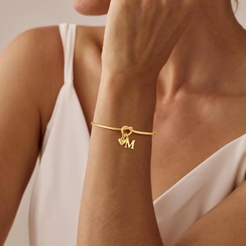 M MOOHAM Knot Initial Bracelets for Women Teen Girls 14K-Gold-Plated Dainty Initial Bracelets for Women Heart Letter Bracelet Jewelry Personalized Bridesmaid Proposal Gifts - color: J