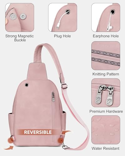 FADEON Large Sling Bag for Women, Leather Crossbody Purse Designer Anti Theft Sling Backpack, RFID Fanny Packs for Travel - color: Pink Retro Style