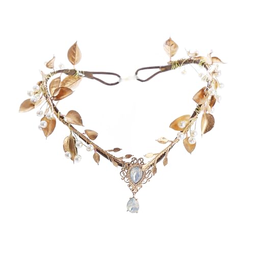 Vivivalue Golden Fairy Crown Flower Headband Elf Floral Headpiece Hair Wreath Woodland Forest Even Circlet for Women Halloween Renaissance Wedding Bridal Cosplay Prom Photo - color: golden