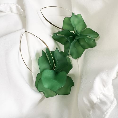 Exaggerated Bohemian Resin Rose Flower Petal Dangle Drop Earrings Long Acrylic Tiered Floral Tassel Earring for Women - color: Dark Green