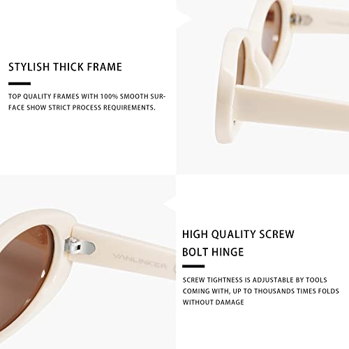VANLINKER Polarized Retro Oval Sunglasses for Women and Men Small 90s Style VL9580 - color: C14 Milky White Frame/Brown Lens