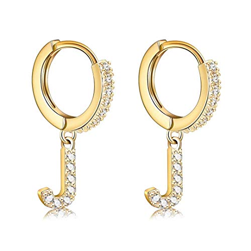 14K Gold Plated Cubic Zirconia Initial Earrings Delicate Small Hoop Earrings Hypoallergenic Letter Earrings for Women - style: J2