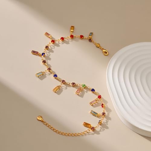 Yumikoo 18k Gold Plated Anklet Ankle Bracelets for Women - style: Colorful Round Square Diamonds
