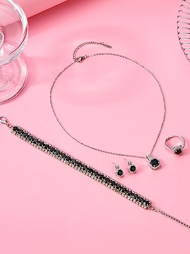 Paxuan 4pcs Cubic Zirconia Wedding Jewelry Sets for Bride Bridesmaid Cubic Zirconia Pendant Necklace Earrings Link Tennis Bracelet Open Ring Set for Women - color: Platinum Plated Black Cubic Zirconia
