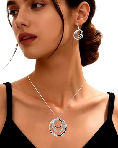 Hypoallergenic Silver Circle & Dangle Earrings and Necklace Set for Women Geometric Boho Style Hoop Jewelry for Women-Lightweight & Dangling-Gift for Bohemian Fashionistas - color: Silver