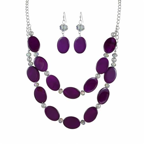 2 Layered Chunky Beaded Shell Necklace for Women Sea Shell blue/yellow/red/green/turquoise/teal/white Statement Necklace and Earring Set Elegant Women Necklace Set Jewelry Sets for Women - color: Purple