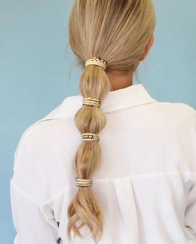 Blonde Boho Hair Ties Bracelet, Cute Ponytail Holders with Gold Bead Jewelry for Women, Trendy Elastic Hair Accessories for Thick, Thin, Curly Hair (Beige) - color: Beige-06