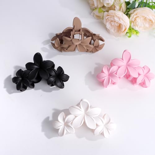 ANBALA Flower Hair Accessories: 4PCS Matte Plumeria Hair Claws, Strong Hold Clips for Women and Girls - color: white, brown, black, pink