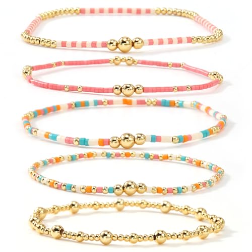 14K Gold Plated Beaded Bracelets Stack Set for Women,Stretch Boho Colorful Beads Ball Jewelry Friendship Summer Trendy - color: Gold pink