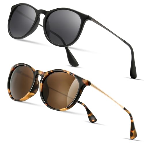 SUNGAIT Premium Vintage Round Sunglasses for Women Men Classic Retro Trendy Style - color: 2 Pack (Polarized): Matte Black/Gray+glossy Leopard/Brown