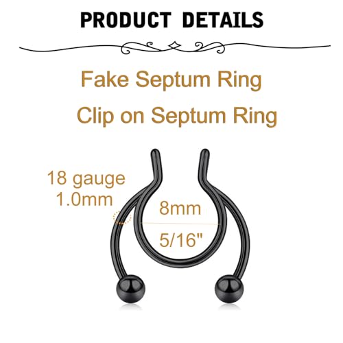 MODRSA Fake Nose Stud Fake Nose Ring Stud Fake Nose Piercing Fake Lip Ring Fake Earrings Stud Silver Gold Fake Cartilage Helix Earring Clip on Earring Hoop Fake Eyebrow Ring Fake Bridge Piercing - color: H-Fake septum - silver black
