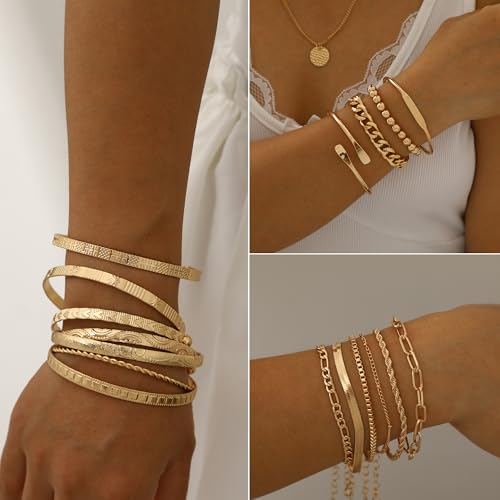 FAXHION 68 Pcs Gold Jewelry Set for Women with 7 Necklace, 17 Bracelet, 5 Hoop Earrings, 15 Stud Earrings, 24 Knuckle Rings for Women Jewelry Set for Women Gift - color: gold jewelry pack