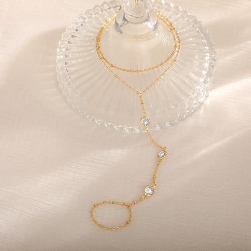 CHESKY 14k Gold Plated Hand Chain Bracelet for Women Trendy, Dainty Ring Bracelets Hand Chain Finger Nail Bracelet Simple Gold Hand Jewelry for Women Gifts - style: CZ