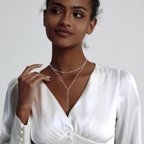 LULII Gold Necklace for Women Trendy Lariat Y Necklace Dainty 14k Gold Plated/Silver Long Necklaces for Women Layered Beaded Drop Necklaces Simple Y-Shaped Chain Jewelry Gifts - color: Y Layered Bead Necklace-Silver