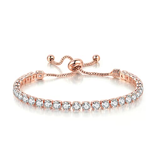 Tennis Chain Rhinestone Beads Slider Bracelet 14K Gold Silver Plated Adjustable Crystal Seed Bracelet for Women Wedding Party Geometric Jewelry Gift - color: B rose gold