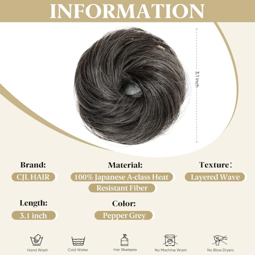 CJL HAIR 2PCs Small Cute Messy Bun Hair Piece for Thin Hair Women Mini Synthetic Curly Bun Scrunchies Updo Hairpieces Pepper Grey - color: 2PCS-Pepper Grey