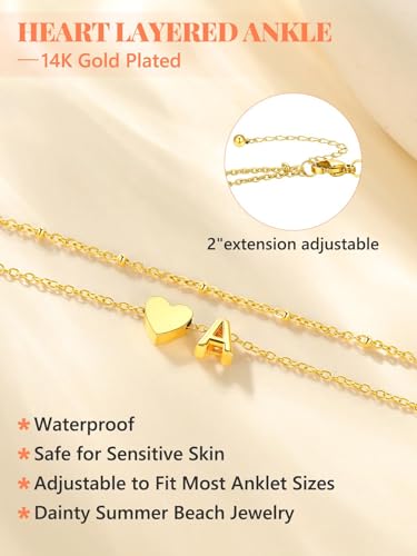 Silvora Ankle Bracelets for Women Waterproof 14K Gold/Silver/Black Initial Anklet for Women Dainty Layered Heart Ankle Bracelets Stainless Steel Adjustable Foot Chain Anklet Summer Beach Jewelry - color: Gold-14K Gold Plated, size: 06.F