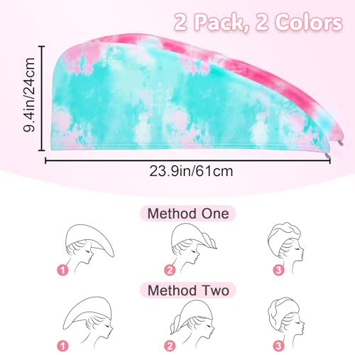Basumee Microfiber Hair Towel Wrap for Kids 2 Pack Rapid Drying Hair Towel with Button Hair Turbans for Wet Hair Wraps Head Towel Wrap for Women and Girls - color: Pink Purple Tie-dye