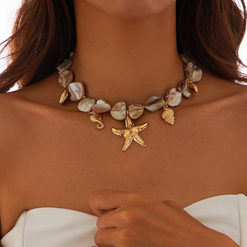 Boho Chunky Shell Necklace for Women Baroque Pearl Pendant Necklaces Irregular Shell Beaded Choker Necklace Trendy Vacation Jewelry Accessories - color: White2
