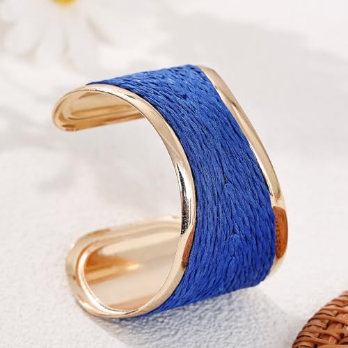 Raffia Colorful Chunky Cuff Bracelet For Women Statement Irregular Wave Vacation Tropical Beachy Spring Summer Wide Open Bangle Handmade Boho Costume Jewelry Accessories - color: C Blue
