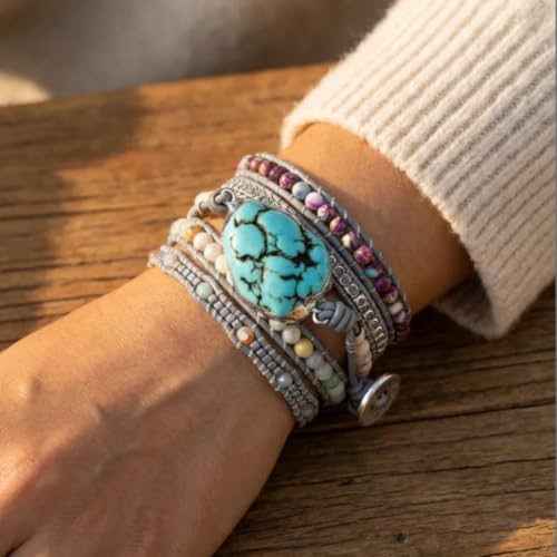 YGLINE Boho Handmade Wrap Leather Tube Crystal Stone Bracelet for Women - color: Turquoise-5 wrap