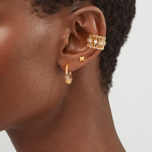 DREMMY STUDIOS Women Ear Cuff Non Piercing | 14K Gold Plated Cubic Zirconia Fake Earrings Wrap Clip on Cartilage Earring | Lightweight Hypoallergenic Jewelry SINGLE EAR CUFF - style: Lines Cuff