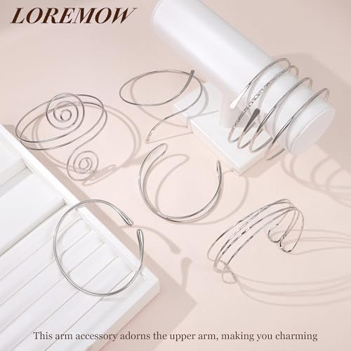 7Pcs Upper Arm Cuff for Women Gold Silver Open Arm Cuff Bracelets Adjustable Armlet Armband Minimalist Coil Swirl Arm Cuff Bracelet Jewelry - style: Silver-B