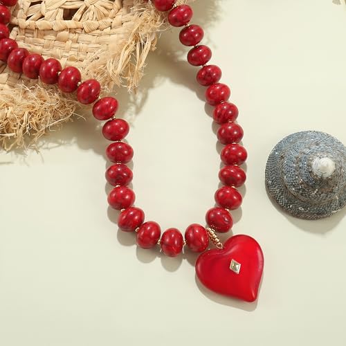Elegance 11 designs Chunky Heart Necklace for Women, Colorful Acrylic Beaded Statement Puff Heart Necklace, Cute Boho Y2K Choker Necklace for Gift Jewelry - color: Red