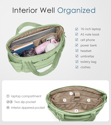 Tote Bag for Women with Zipper, Quilted Puffer Tote Bag with Compartments, Lightweight Puffy Work Bags for Women Travel - color: Foam Green