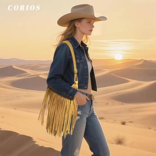 CORIOS Women's PU Leather Shoulder Bag Bohemian Fringe Crossbody Bag for Women Stylish Tassel Design Tote Handbag - color: Yellow