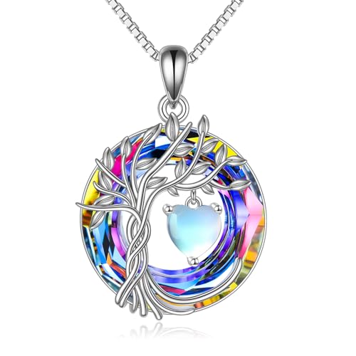 POPLYKE Mothers Day Gifts for Mom Her Wife Tree of Life Necklace 925 Sterling Silver Birthstone Pendant with Crystal Anniversary Birthday Wedding Jewelry for Women - color: 06-Jun-Moonstone, style: White Gold Plated-Volcano Crystal