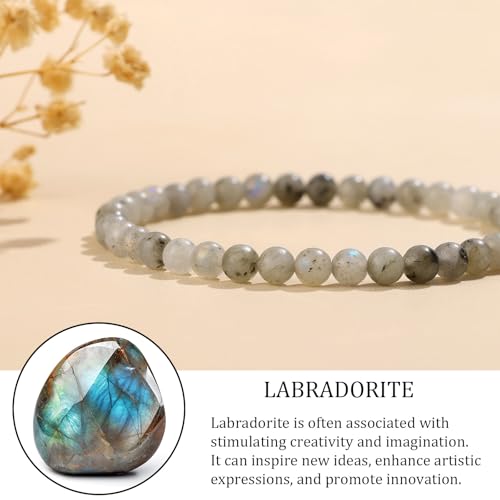 Natural Gemstone Beads Bracelets Healing Crystal Stone Beaded Bracelet for Women Men Handmade Spiritual Jewelry Gifts - color: Labradorite, size: Round Beads