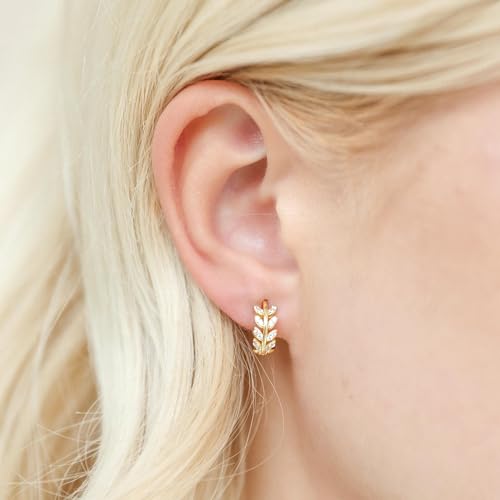 14K Gold Huggie Earrings for Women Silver Huggie Hoop Earrings Cubic Zirconia Huggie Earrings Stud Earrings Lightweight Dainty Hypoallergenic Earrings Jewelry Gifts - color: Gold Olive Leaf CZ Huggie Earrings