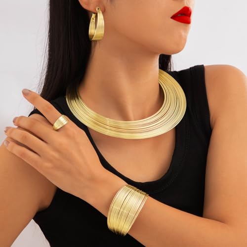 Gold Jewelry Set Chunky Gold Necklace Earring Set for Women Boho Oval Acrylic Earring Necklace Western Adjustable Choker Necklaces Bohemian Jewelry Set For Women - color: Gold B