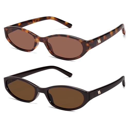 Retro Oval Sunglasses for Women Men Y2k Narrow Cat Eye Sunnies Skinny Shades AR82299 - color: B03 Tortoise/Brown+chocolate/Brown