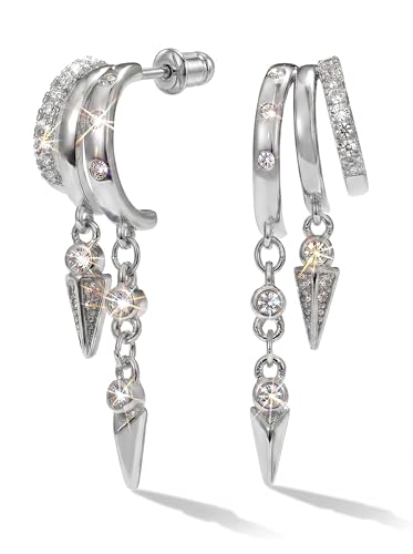 MUMREUES Gold Earrings for Women Trendy 14K Gold Plated Dangle Earrings Small Hoop Huggie Drop Stud Earrings Cubic Zirconia Simple Minimalist Dainty Chain Tassel Hypoallergenic Earrings - color: CZ Tassel & Silver