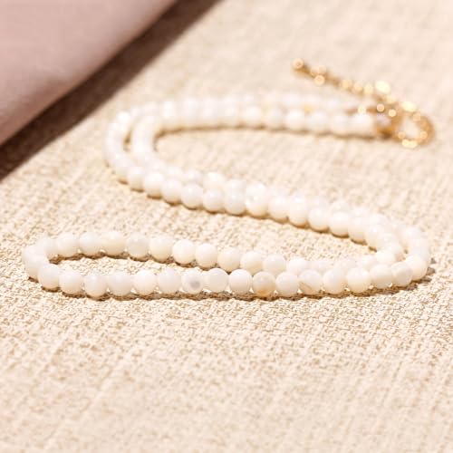 Simple Choker Necklace for Women Real Stone and Crystals Necklaces 4mm Beaded Choker Jewelry Meditation Gift for Women (16"+2") - style: White Shell