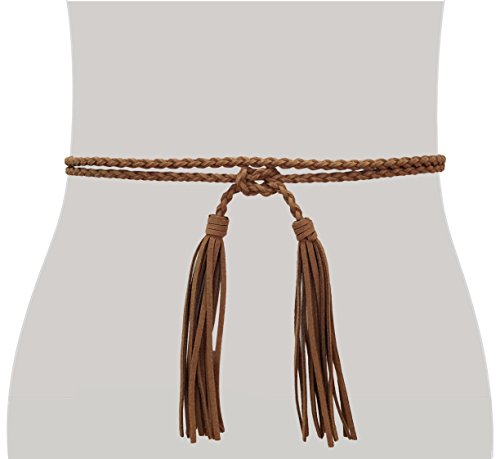 TeeYee Women Girls Braided Waist Tie Belt/Rope with Tassel Wrap Cloth Belts for Dress Pants - color: Tan, size: 63inch