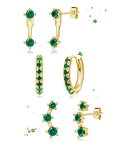 3 Pairs Dainty Small 4th of July Earrings for Women Trendy, Birthstone Stud Huggie Hoop Jacket Stack for Cartilage Helix, Gold Plated Hypoallergenic Cute Women Fashion Accessories Western Jewelry Gifts - color: 05Green Created Emerald-May (Gold)