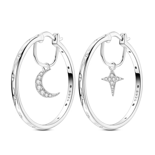 NARMO 925 Sterling Silver Hoop Earrings for Women Hypoallergenic Lightweight Simple Huggie Hoop Earrings Twisted Hoop Earrings Colorful Cubic Zirconia Hoop Earrings Rainbow Hoop Earrings - color: Moon&Star