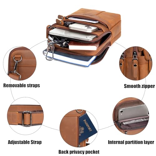 Leather Messenger Bag for Men, Small Leather Sling Shoulder Bag Messenger Pack for Men, Man Purse - color: Medium Yellowish Brown