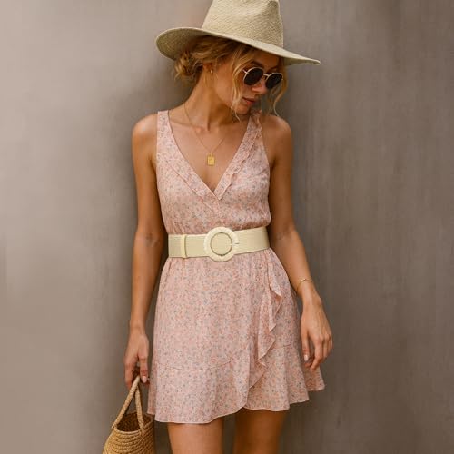 Straw Woven Elastic Belt for Women, Boho Braided Raffia Waist Belt, Stretch Rattan Belt for Summer Dresses - color: Round Buckle-beige, size: S: Fit waist size up to 29"