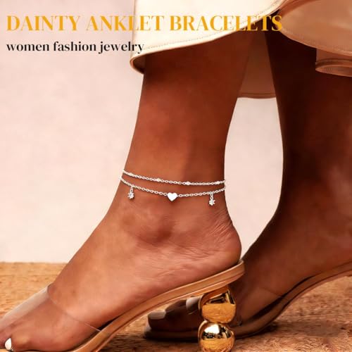 Yalice 925 Silver Ankle Bracelets Chain for Women Dainty 14K Gold Plated Waterproof Beads Anklets Layered Beach Foot Jewelry Gift - color: Silver-HeartB