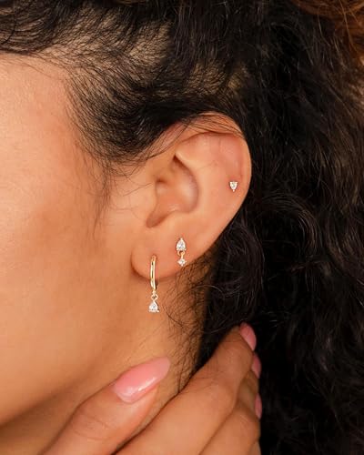 3 Pairs Small Earring Stacks, 14K Gold/Silver/Black/Rose Gold Plated Pearl Heart Butterfly Star Diamond Charm Drop Huggie Earrings Trendy Jewelry Gift for Women - color: Gold-Teardrop