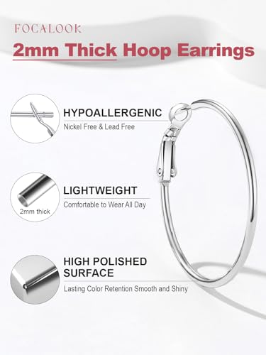 FOCALOOK 14K Gold Plated Lightweight Large Hoops| 2mm Thin Hoop Earrings for Women 30/40/50/70/100mm - color: 01.Silver, size: 40mm