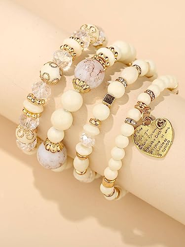 Women Beaded Bracelet Set | Colorful Boho Stackable Trendy Design with Crystal Accents Multilayer Bangle Bracelet | Fashion Stretch Braclets Jewelry for Women - color: White